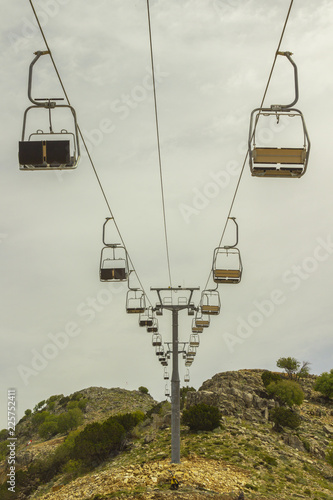 empty chair lift on the mountainside in summer.