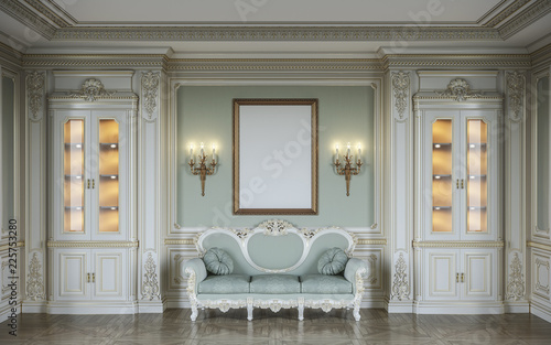 Сlassic interior in olive colors with wooden wall panels, showcases, sconces, frame and sofa . 3d rendering. © Dmitriy