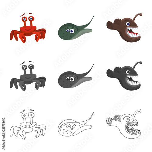 Vector illustration of sea and animal sign. Set of sea and marine stock symbol for web.