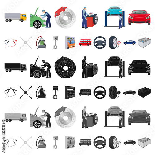 Car, lift, pump and other equipment cartoon icons in set collection for design. Car maintenance station vector symbol stock illustration web.
