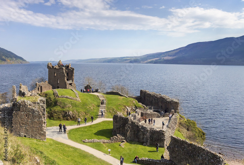 Ruins of Urquhart Castle at Loch Ness lake in Scotland.