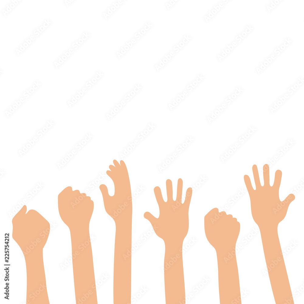 Isolated up hands holding together. Teamwork, collaboration, voting, concert. Colorful vector flat illustration concept Isolated up hands holding together. Teamwork, collaboration, voting, concert. Colorful vector flat illustration concept