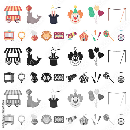 Circus and attributes cartoon icons in set collection for design. Circus Art vector symbol stock web illustration.