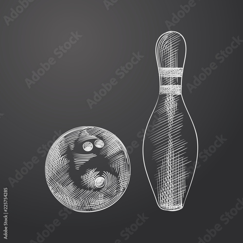 Hand Drawn Bowling and bowling ball Sketch Symbol isolated on chalkboard. Vector Bowling Element In Trendy Style