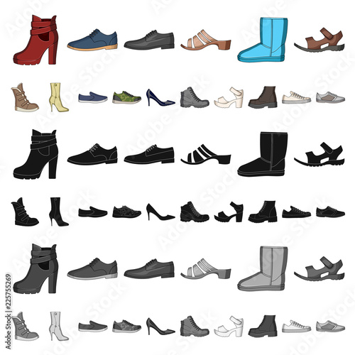 Different shoes cartoon icons in set collection for design. Men s and women s shoes vector symbol stock web illustration.