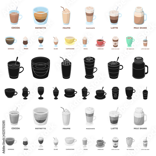Different kinds of coffee cartoon icons in set collection for design. Coffee drink vector symbol stock web illustration.