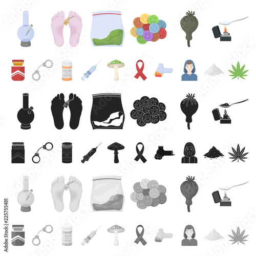 Drug addiction and attributes cartoon icons in set collection for design. Addict and Drug vector symbol stock web illustration.