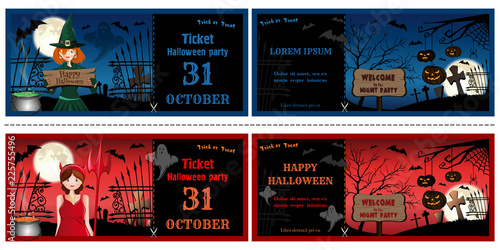 Halloween invitations cards set face and turnover. Halloween leaflets with girls in Halloween costumes. Vector illustration