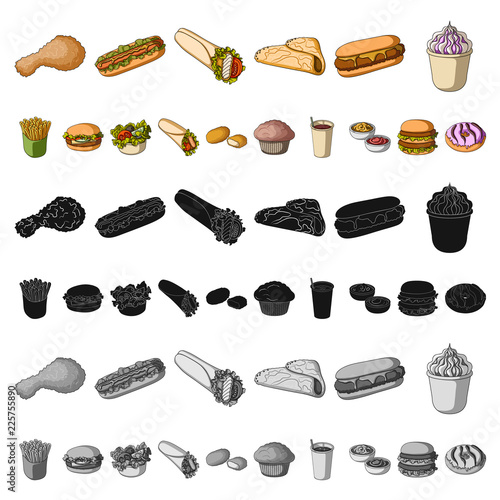 Fast food cartoon icons in set collection for design.Food from semi-finished products vector symbol stock web illustration.