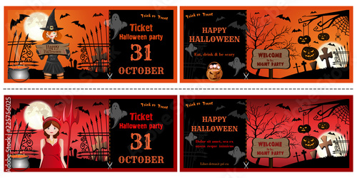 Halloween invitations cards set face and turnover. Halloween leaflets with girls in Halloween costumes. Vector illustration
