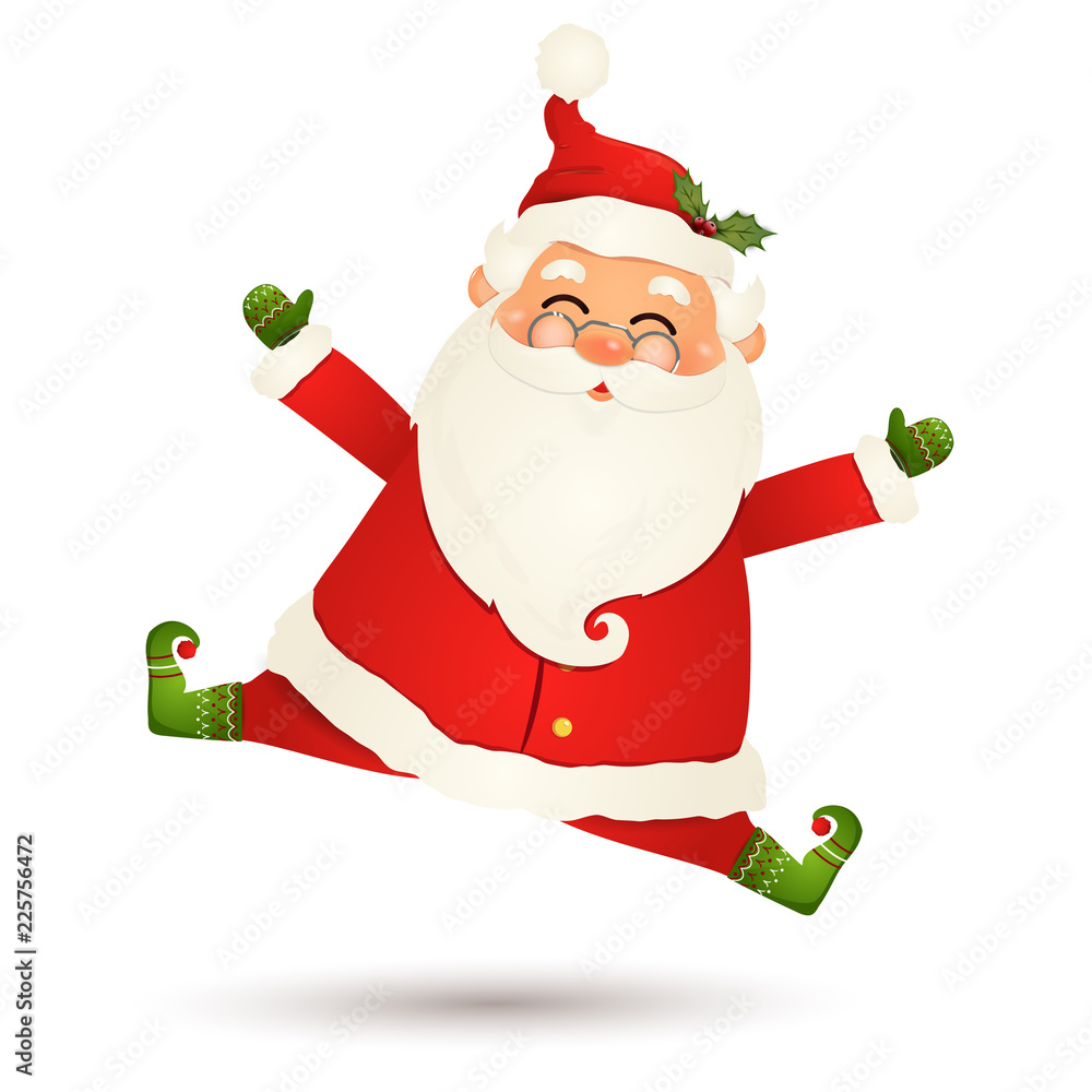 Cute, funny Santa Claus with glasses, feeling excited isolated on white  background. Santa Clause jumping, waving his arms for winter and new year  holidays. Happy Santa Claus cartoon character. Stock Vector |