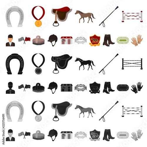 Hippodrome and horse cartoon icons in set collection for design. Horse Racing and Equipment vector symbol stock web illustration.