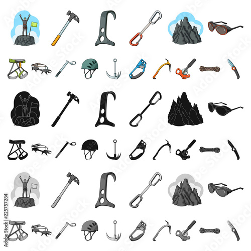 Mountaineering and climbing cartoon icons in set collection for design. Equipment and accessories vector symbol stock web illustration.