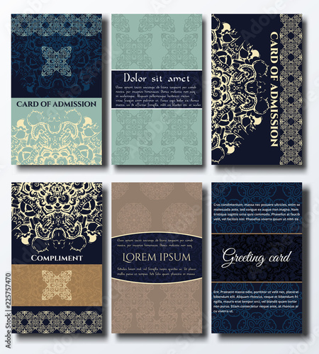 Set greeting vector cards on decorative background . pattern, brochure, gift certificate, party invitation, congratulation