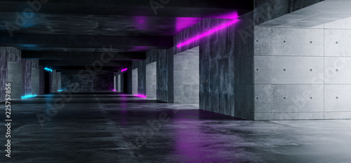 Modern Grunge Dark Concrete Empty Long Tunnel With Purple And Blue Neon Light Tubes Sci Fi Elegant 3D Rendering