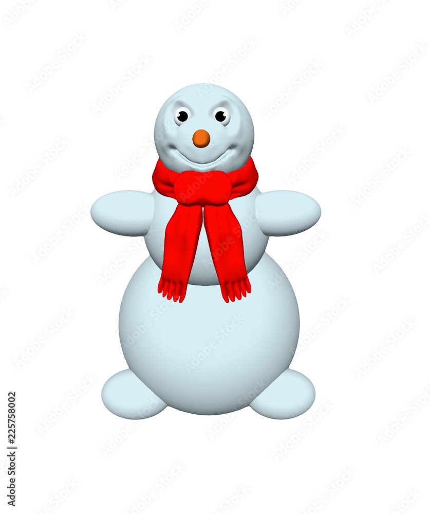 Snowman with red knit scarf 3D illustration isolated on white background. Snowman with red knit scarf 3D illustration isolated on white background.