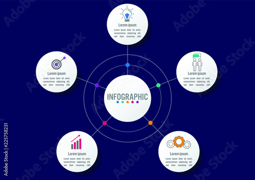Business infographic template with 5 options circular shape