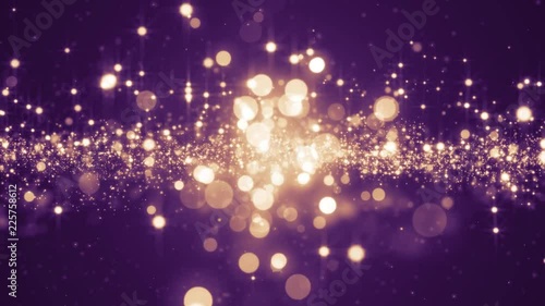 Violet light shine particles bokeh, holiday concept. Christmas animated gold background with circles and stars. Space background. Seamless loop.