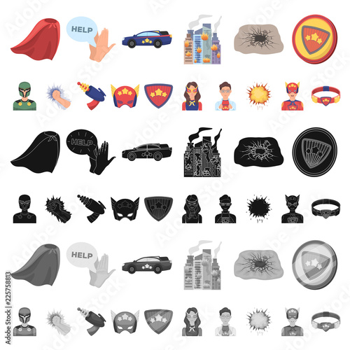 A fantastic superhero cartoon icons in set collection for design. Superhero s equipment vector symbol stock web illustration.