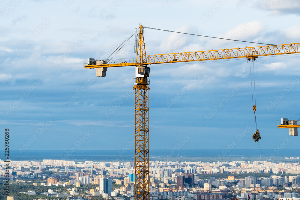 above view of tall crane over Moscow city