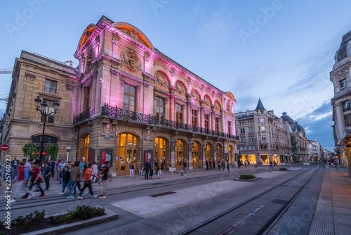 Evening view of beautiful Opera facade illumination in Reims, Champagne, France