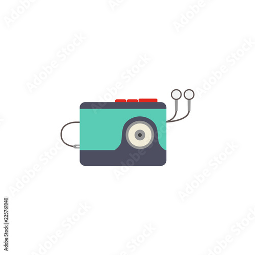 A classic / retro portable cassette tape player with attached headphones.