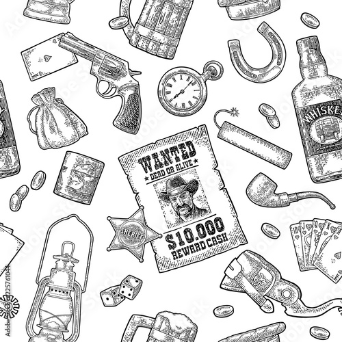 Seamless pattern Wild West. Vector vintage engraving black illustration