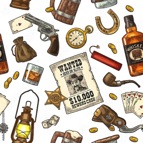 Seamless pattern Wild West. Vector vintage engraving color illustration
