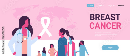 ribbon breast cancer day mix race female doctor women consultation concept disease awareness prevention poster woman cartoon character horizontal copy space flat vector illustration