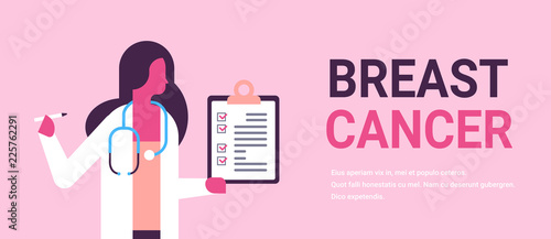 breast cancer day female doctor holding clipboard disease awareness prevention poster woman cartoon character horizontal copy space flat vector illustration