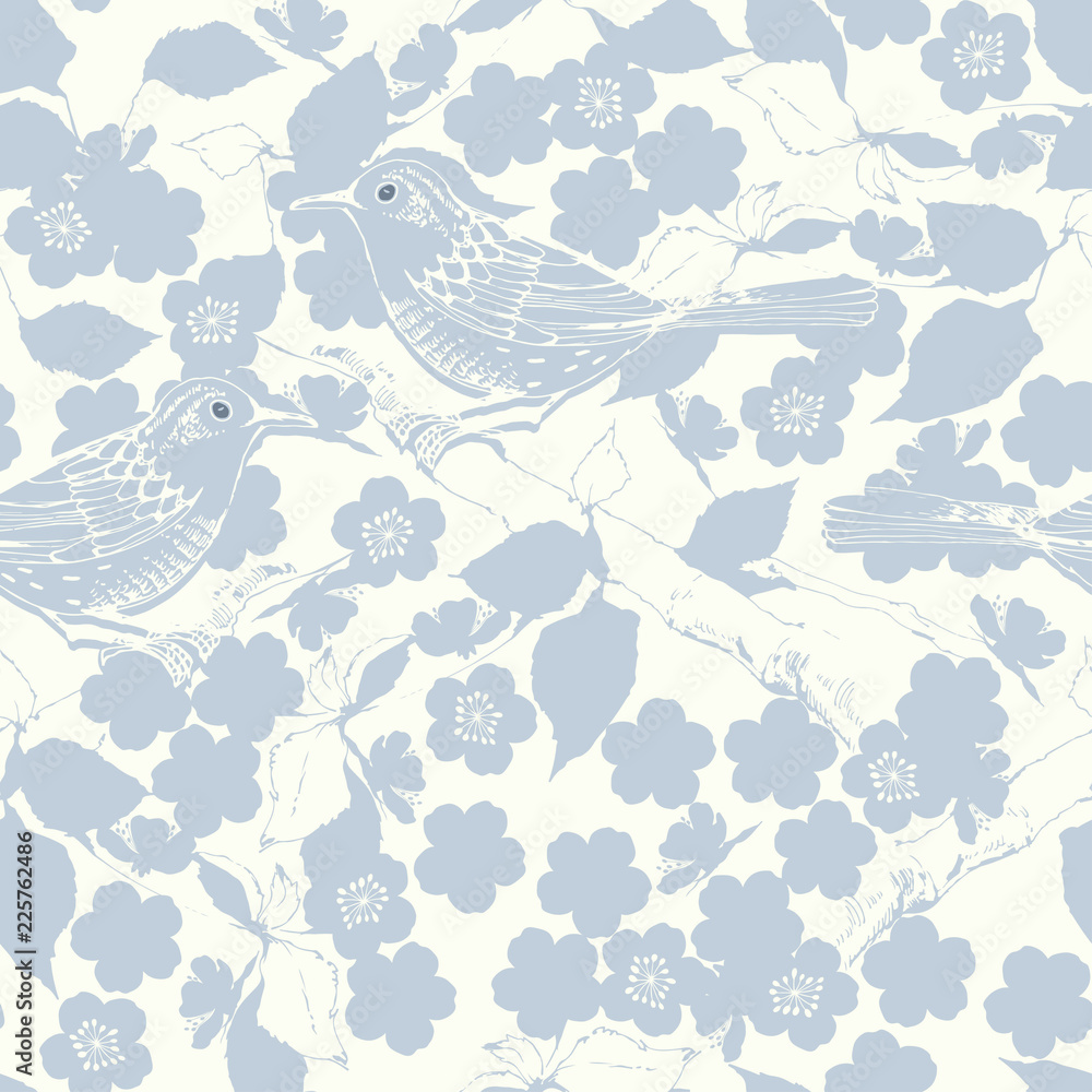 Seamless pattern with birds and blossoming trees. Hand-drawn Vector Illustration.