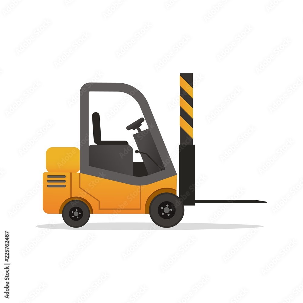 Vector yellow forklift truck on white background. Isolated electric uploader of flat cartoon style