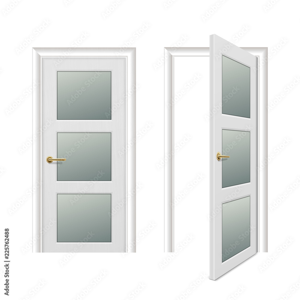 Vector realistic different opened and closed white wooden door icon set closeup isolated on white background. Elements of architecture. Design template for graphics, Front view Vector realistic different opened and closed white wooden door icon set closeup isolated on white background. Elements of architecture. Design template for graphics, Front view