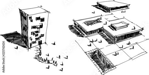 two hand drawn architectectural sketches of a modern abstract architecture with people around