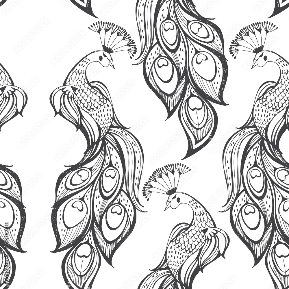 Fototapeta premium Seamless pattern with peacocks on white background. Monochrome vector hand-drawn illustration.