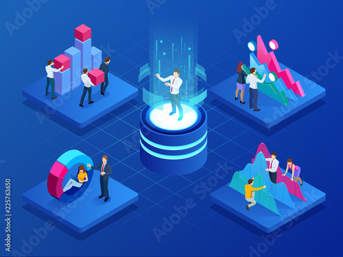 Isometric concept of business teams meeting working with new startup project, analysis data the charts and graphs, discussion. Consulting for company performance, analysis, accounting