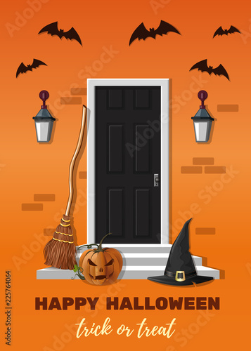 Halloween design. Entrance door decorated for Halloween party. Witch House. Vector illustration