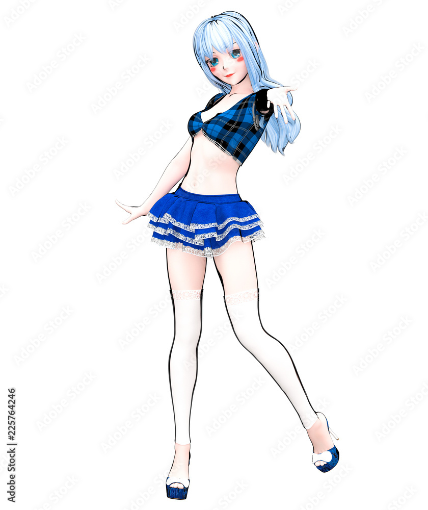 Illustrazione Stock 3D sexy anime doll japanese anime schoolgirl big blue  eyes bright makeup.Short blue jeans skirt blouse.Cartoon, comics, sketch,  drawing, manga illustration.Conceptual fashion art.Seductive candid pose |  Adobe Stock