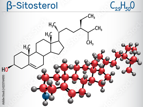 Beta-sitosterol molecule. It is phytosterols (plant sterols) Structural chemical formula and molecule model