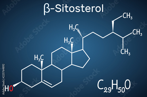 Beta-sitosterol molecule. It is phytosterols (plant sterols) on the dark blue background Structural chemical formula and molecule model