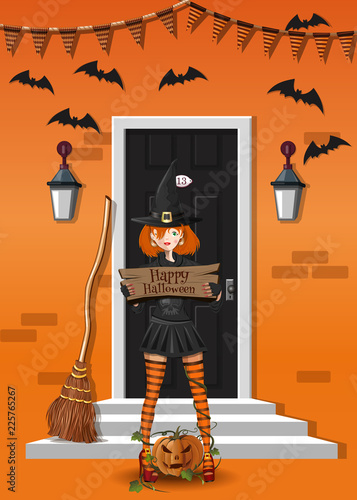 Cute girl in a witch suit near a house decorated to Halloween. Cute witch congratulates with Halloween. Vector illustration