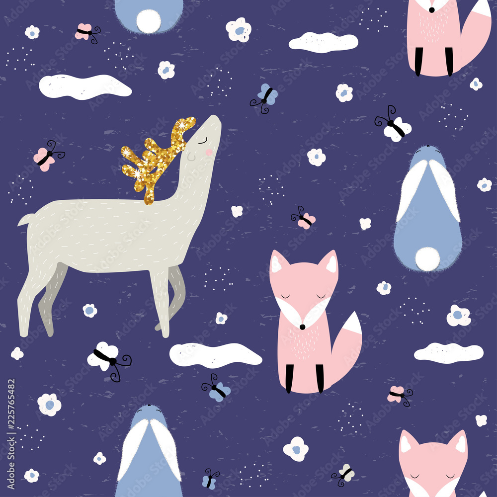 Magic forest seamless pattern. Cute childish print with animals. Vector hand drawn illustration.