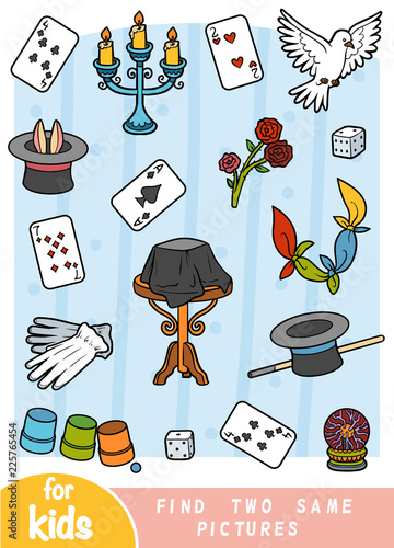 Find two the same pictures, game for children. Color set of magician items
