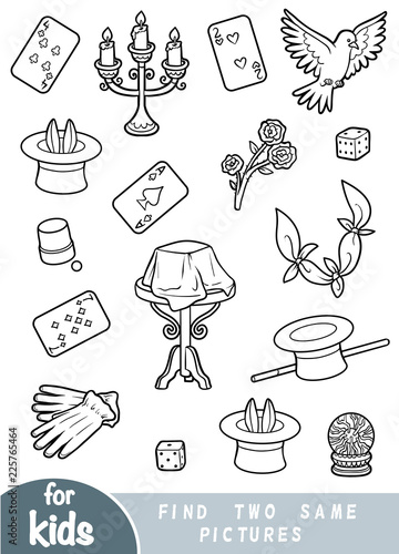 Find two the same pictures, game for children. Black and white set of magician items