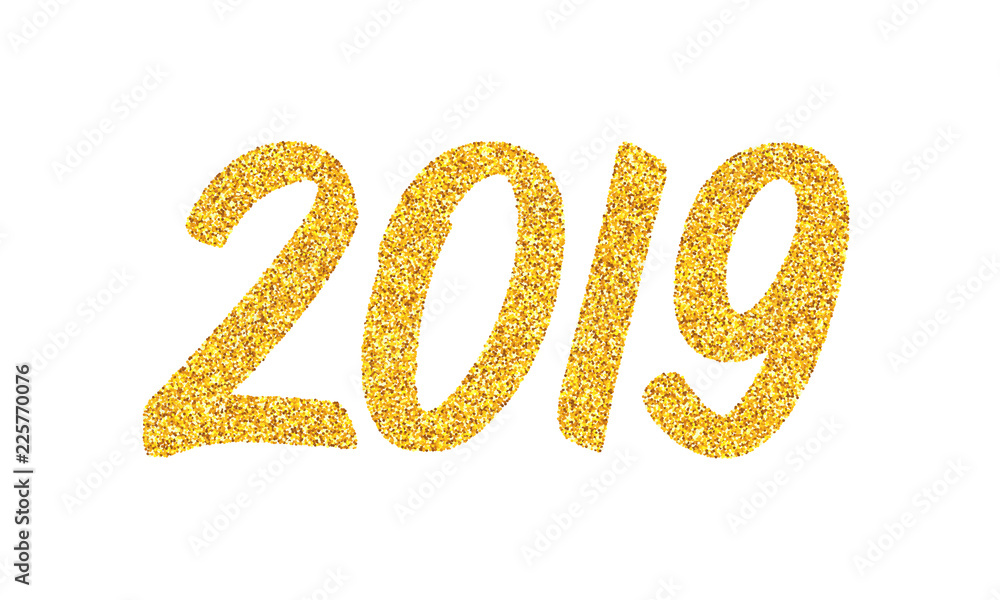 Happy New Year 2019 greeting card design template with golden text isolated on white background. Calligraphy for chinese year of the pig. Vector illustration Happy New Year 2019 greeting card design template with golden text isolated on white background. Calligraphy for chinese year of the pig. Vector illustration