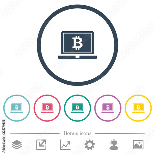 Laptop with Bitcoin sign flat color icons in round outlines