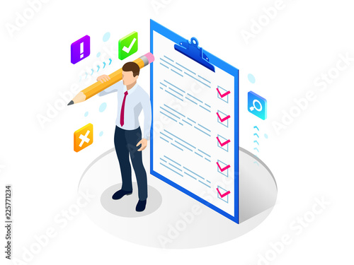 Isometric businessman with checklist and to do list. Clipboard with a checklist. Project management, planning and keeping score of the completed tasks concept.