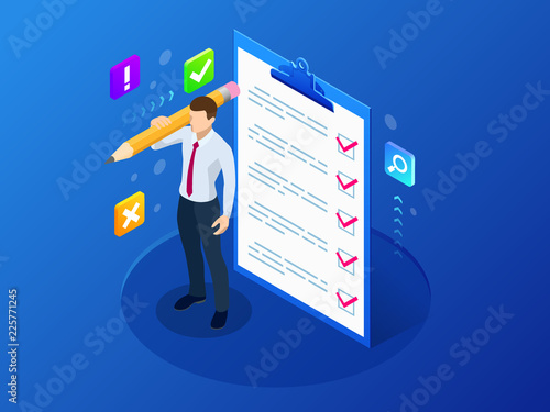 Isometric businessman with checklist and to do list. Clipboard with a checklist. Project management, planning and keeping score of the completed tasks concept.