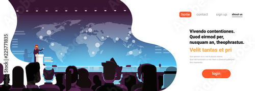 Business conference arab businessman politician talking from tribune over world map arabian speaker international meeting horizontal banner flat copy space vector illustration