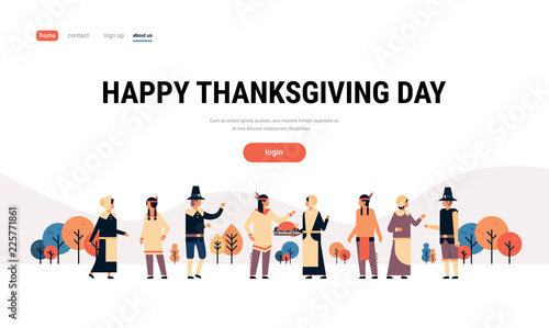 native american indian people thanksgiving day celebrating concept men women group wearing traditional clothes communication male female cartoon character full length isolated horizontal copy space